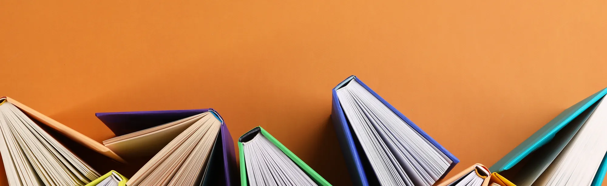 Colourful open books standing on their edges against an orange background
