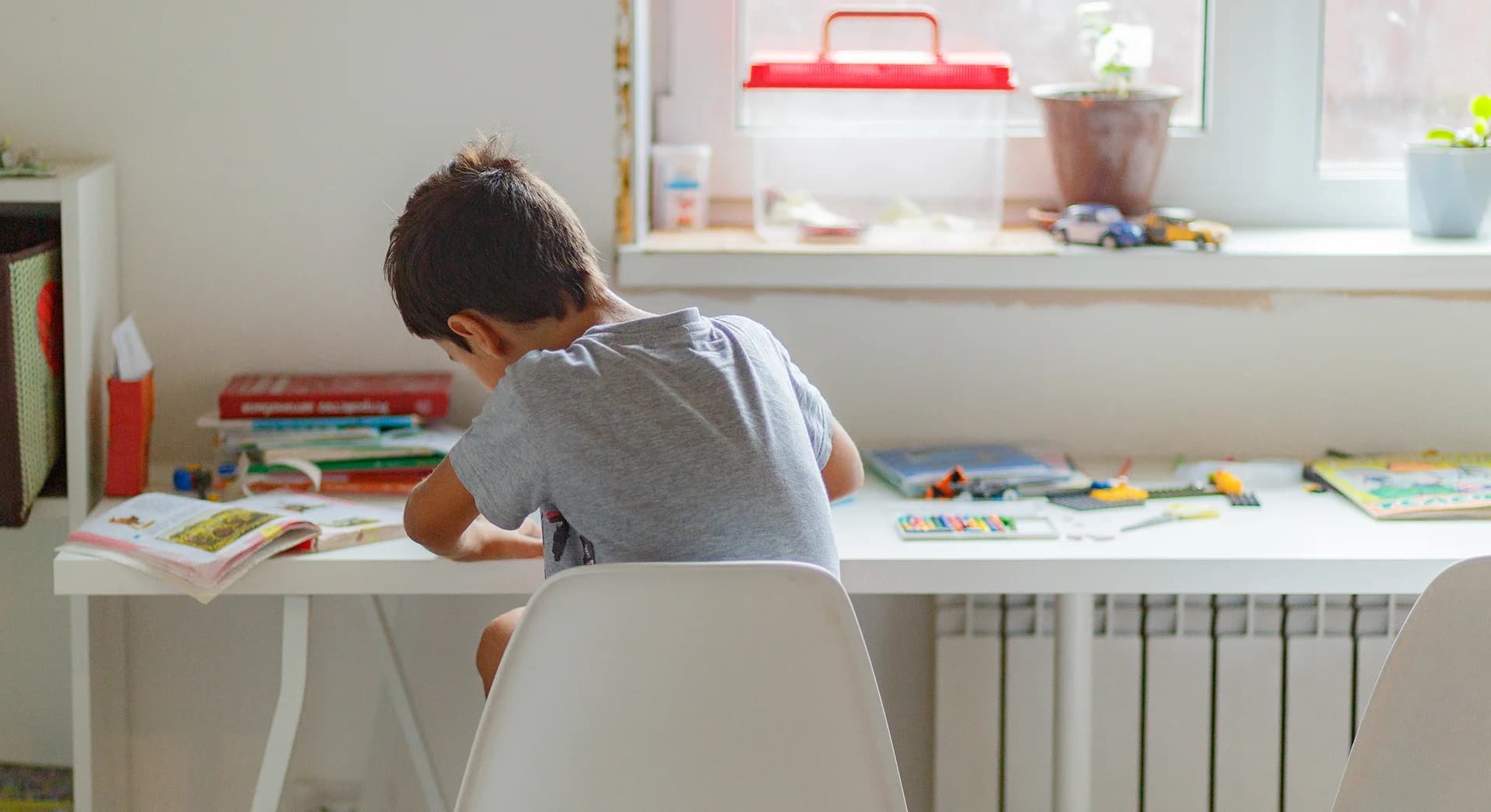 Boy working at a desk by a window, with books and crayons around him